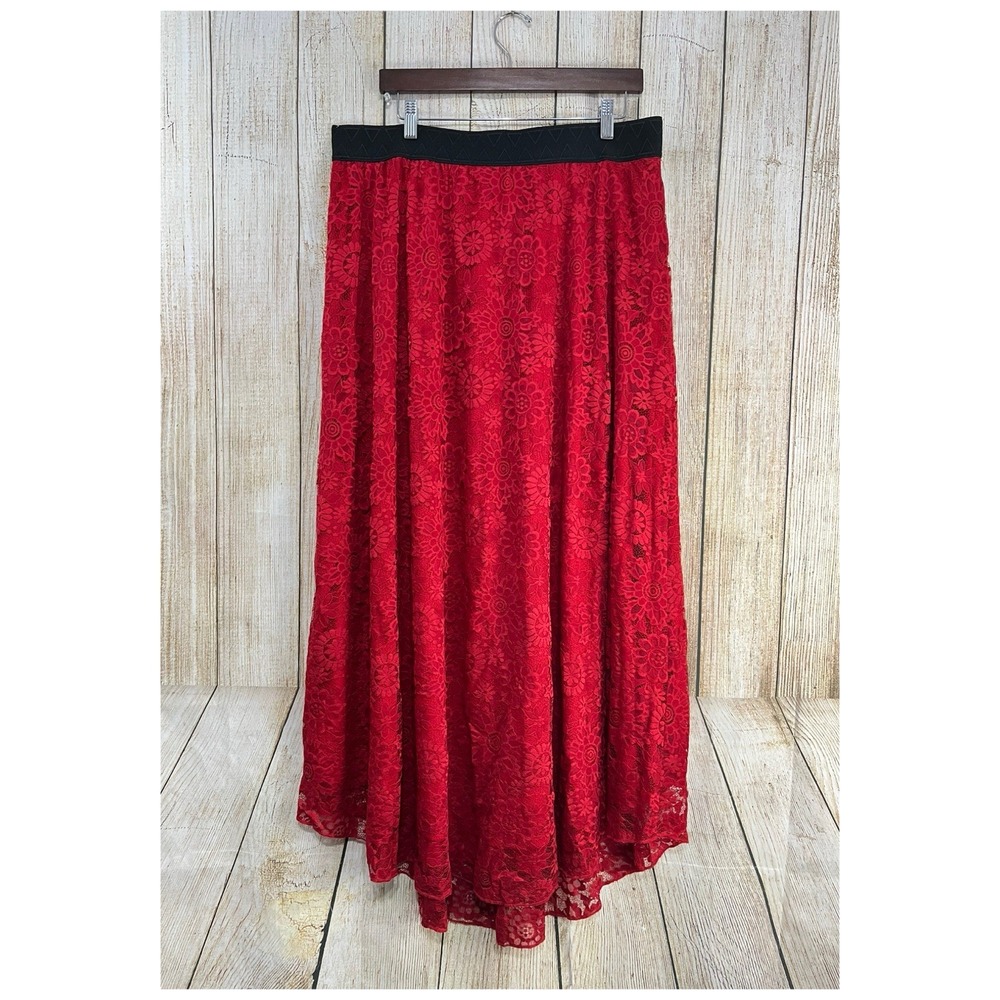 Red Lace Maxi Skirt 2XL Romantic Gothic‎ Coquette Floral Overlay Boho Coquette